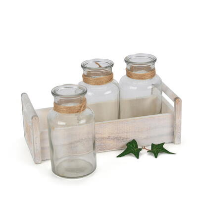 3 Glasflaschen in Holzbox, Vasen in Holzkiste, Glasvasen, Tischdeko, Glasgef