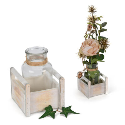Glasflasche in Holzbox, Vase in Holzkiste, Glasvase, Tischdeko, Glasgef