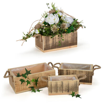 Holz-Pflanzkisten-Set mit Henkel, Holzkisten, Holzbehlter zum Bepflanzen, Pflanzgef aus Holz, Holzdeko
