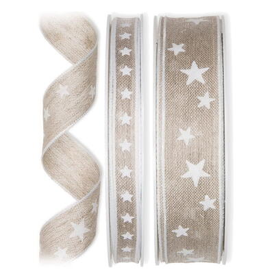 Leinen-Druckband- Weie Sterne, Weihnachtsband, Leinenband, Dekorband, Schleifenband