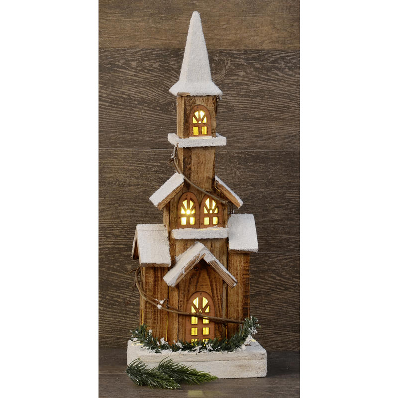 Holzkirche Mit Spitzturm Beleuchtet Weihnachtsdeko Led