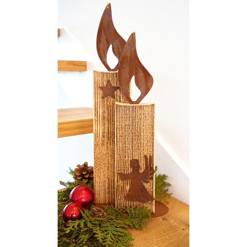 Holzkerzen mit Metallflamme, Dekokerze aus Holz, Metall-Holz-Kerze zum Stellen, Weihnachtsdeko Bild 2