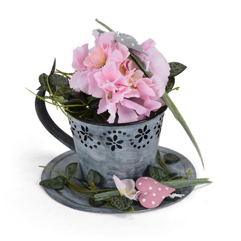 Pflanztasse mit Blmchen, Pflanzgef aus Zink, bertopf Zink, Metalltopf, Tasse aus Zink Bild 2