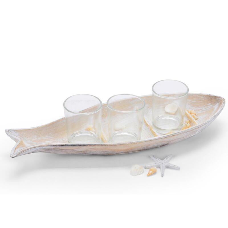 Teelichthalter Fisch, Holzfisch mit Kerzenglas, Tischdeko Kommunion/Konfirmation, Holztablett Fisch, Maritime Deko Bild 2