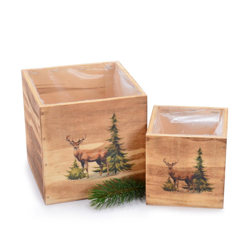 Holz-Pflanzkisten mit Hirsch, Holzbox mit Waldmotiv, Pflanzgef�� Holz, Holzpflanzkiste, �bertopf Holz Bild 2