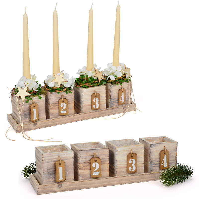Adventstablett mit Pflanzkisten aus Holz, Holztablett, Holzdeko Advent, Adventsgesteck
