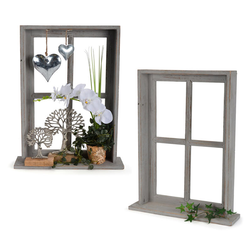 Deko-Fensterrahmen mit Borte, Holzfenster Deko, Dekofenster aus Holz, Fenster Deko