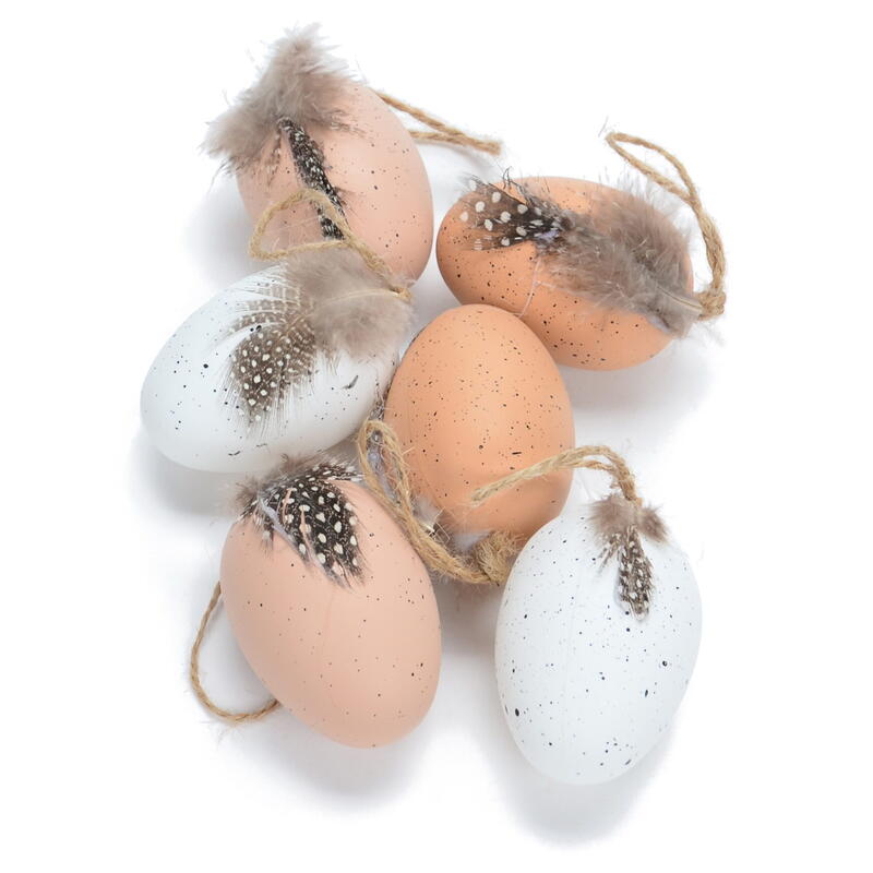 Deko Hühnerei mit Federn aus  Kunststoff, Eier, Ostereier, Osterschmuck,  Eier zum Hängen, Osterdeko