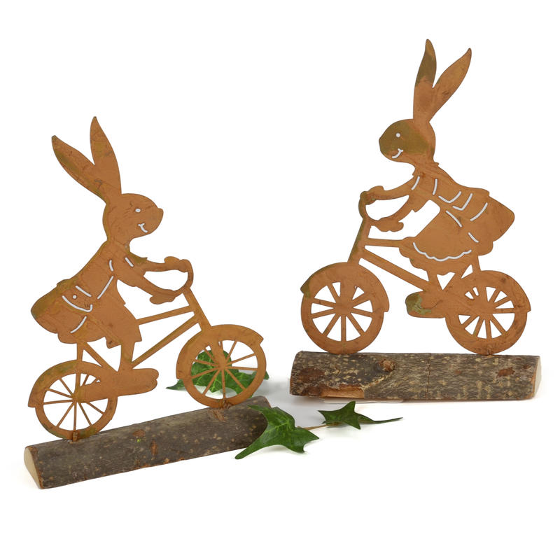 Dekofigur Hase auf Fahrrad, Rost Deko, Osterhase zur