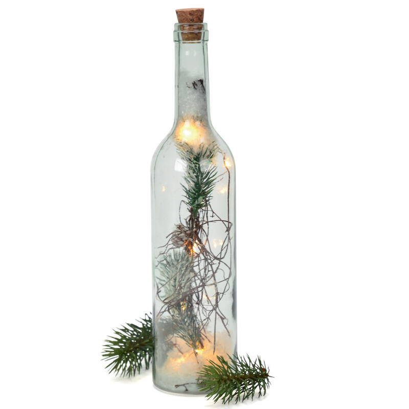 Dekoflasche Winterstimmung, LED Beleuchtung, Winterdeko, Glasflasche dekoriert