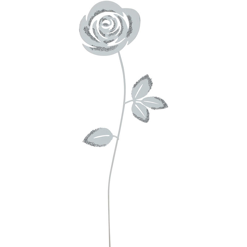 Dekostecker Rose aus Metall weiß mit Glitter, Metallrose, Metallstecker, Blumenstecker