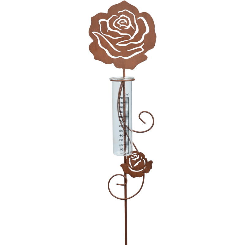 Dekostecker Rose mit Regenmesser-Glas, Gartenstecker, Roststecker, Rostdeko, Regenmesser