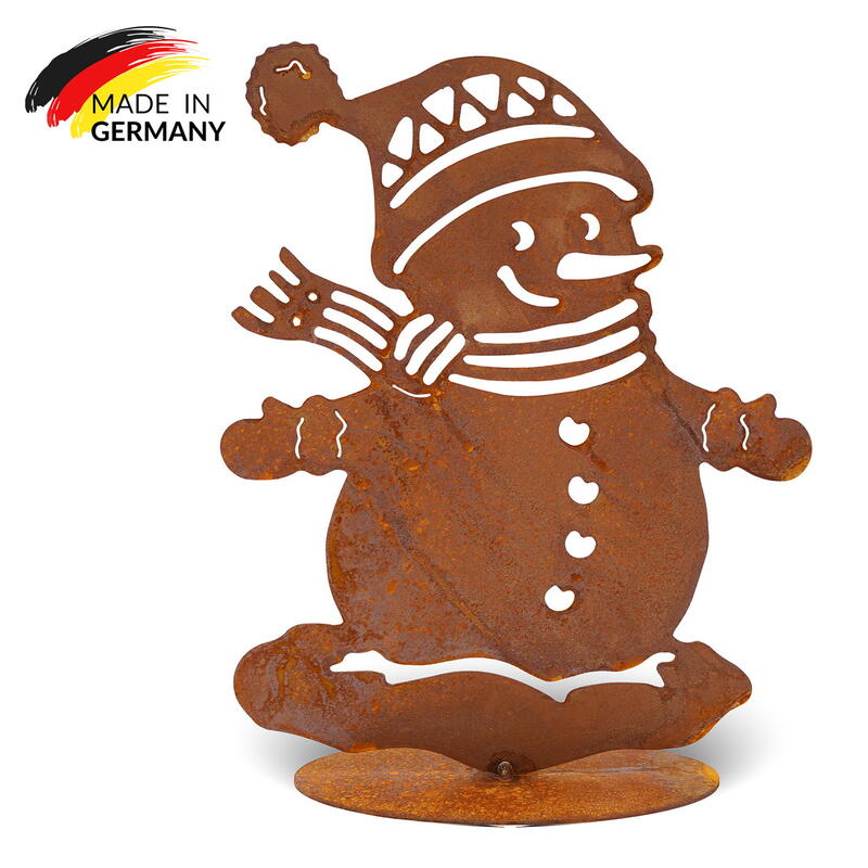 Edelrost-Schneemann auf Bodenplatte, Rost-Schneemann, Metall-Schneemann, Winterdeko, Rostdeko