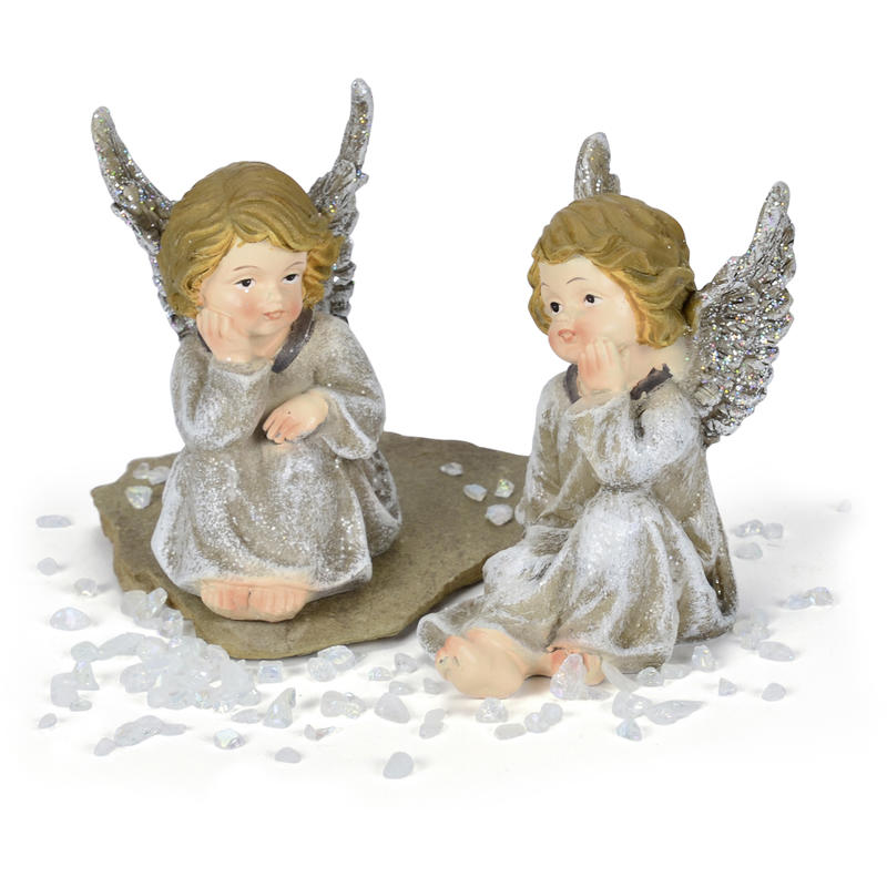 Engel mit Glitzerflügel sitzend, Dekofigur, Weihnachtsengel, Weihnachtsdeko