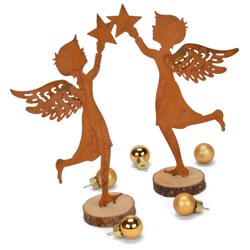 Engel mit Stern auf Holzstamm, Rostdeko, Weihnachtsdeko, Weihnachtsdekoration, Engel