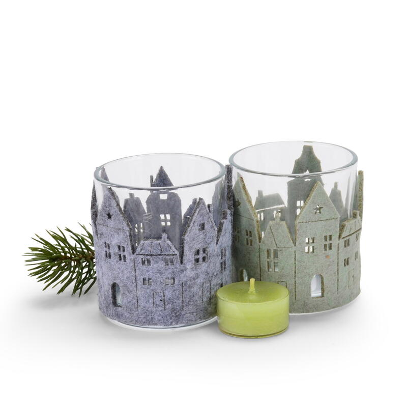 Glas-Windlicht H�user, Glas-Windlicht, Deko-Glas, Kerzenglas, Kerzenhalter, Dekoglas, Windlicht mit Filz, Dekoglaus mit Filz, Te