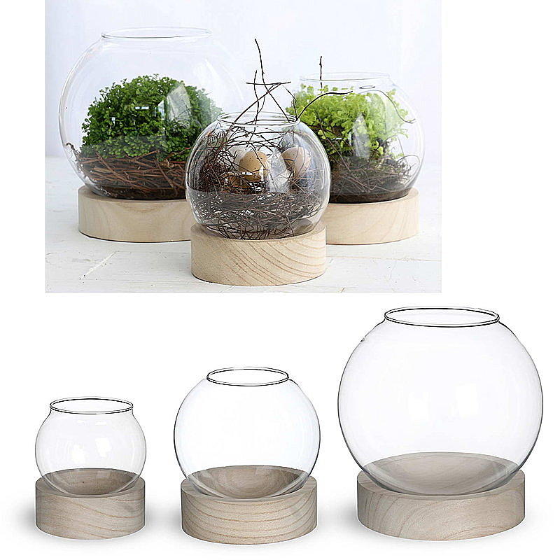 Glaskugelvase mit Holzsockel, Glasvase, Dekoglas, Glasgef  