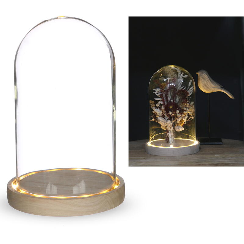 Glockenglas mit LED auf Holzfuß
