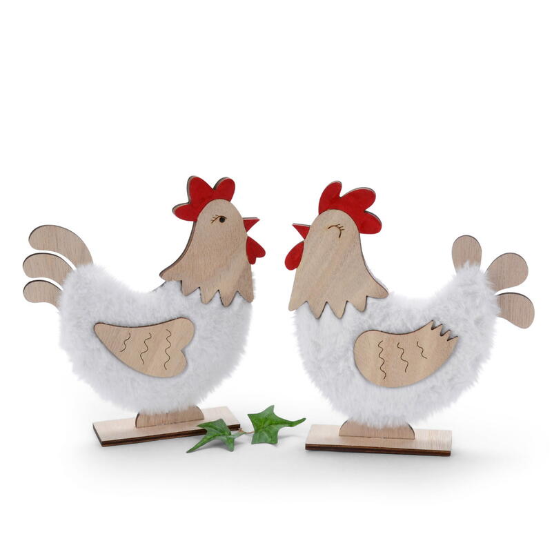 H�hner Alba mit Fell, Hahn und Henne, Holzfigur Henne, Henne mit Fell, Fr�hlingsdeko, Osterdeko, Hahn, Huhn, Henne, Dekofigur Ha