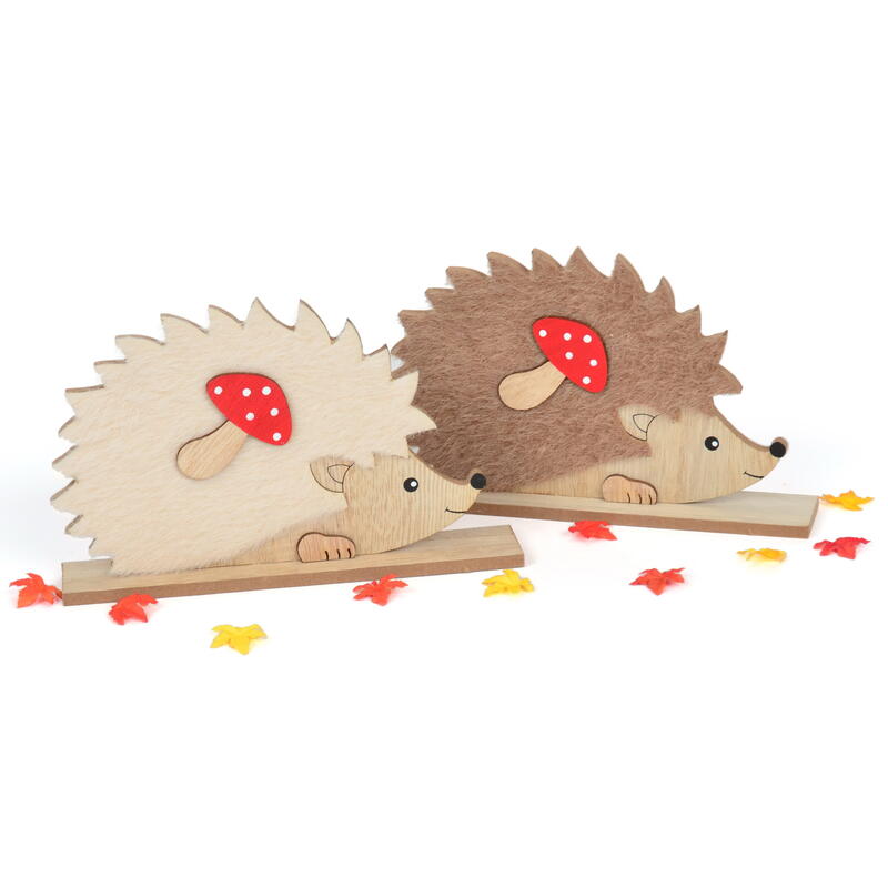 Holz-Igel mit Fell, Dekofigur Igel, Herbstdeko