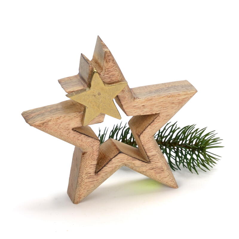 Holzstern mit aufgesetztem Metallstern, Dekostern, Stern zum Stellen, Weihnachtsdeko, Weihnachtsstern