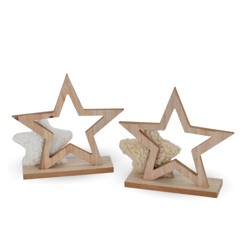 Holzstern zum Stellen mit Stoffstern, Stern aus Holz zum Stellen, Weihnachtsdeko, Aufsteller Stern