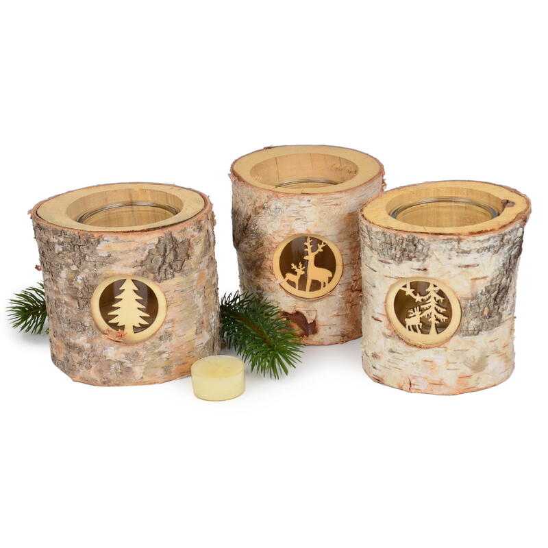 Kerzenhalter Birke mit Glas, Birkenholz Teelichthalter, Holzdeko, Windlicht aus Holz
