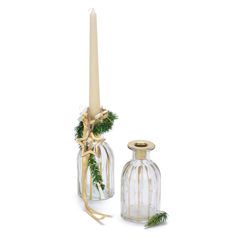Kerzenhalter-Flasche klar-gold, Kerzenständer für Stabkerzen, Deko-Flasche für Kerzen, Glasflasche