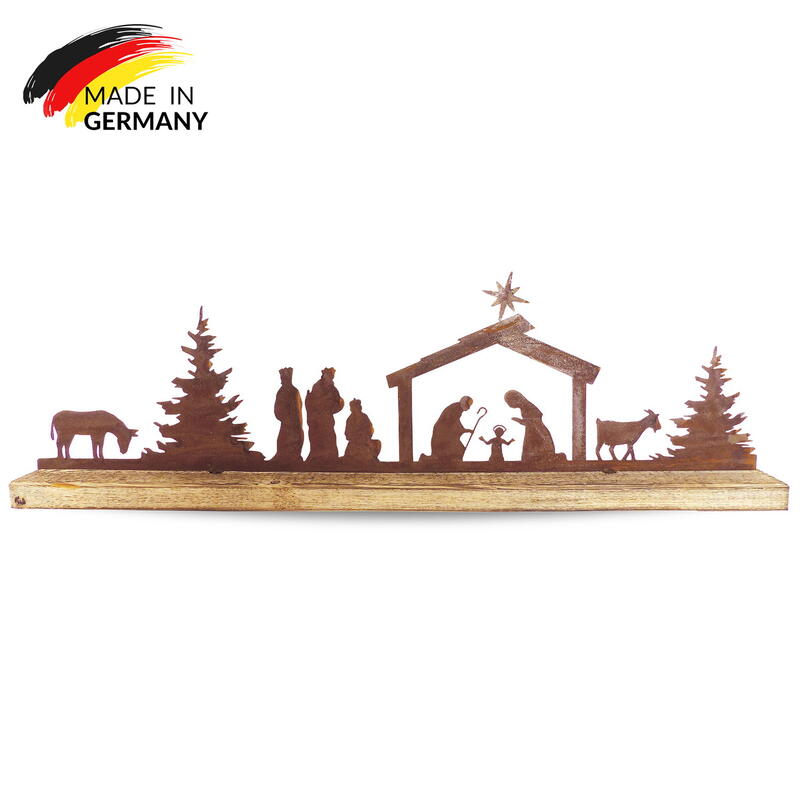 Krippe, Krippenszene aus Metall auf Holzfu, Metallkrippe, Metalldeko, Rostdeko, Rostartikel. Weihnachtsdeko
