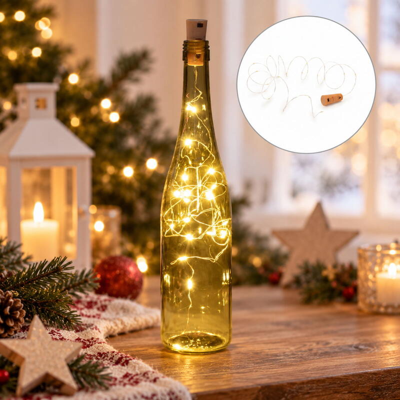 Flaschenlichterkette Mit Korken – 12 LED Flaschenlichter, 2 M Lichterkette, Warmweiß, Batteriebetrieben – Für Party & Deko