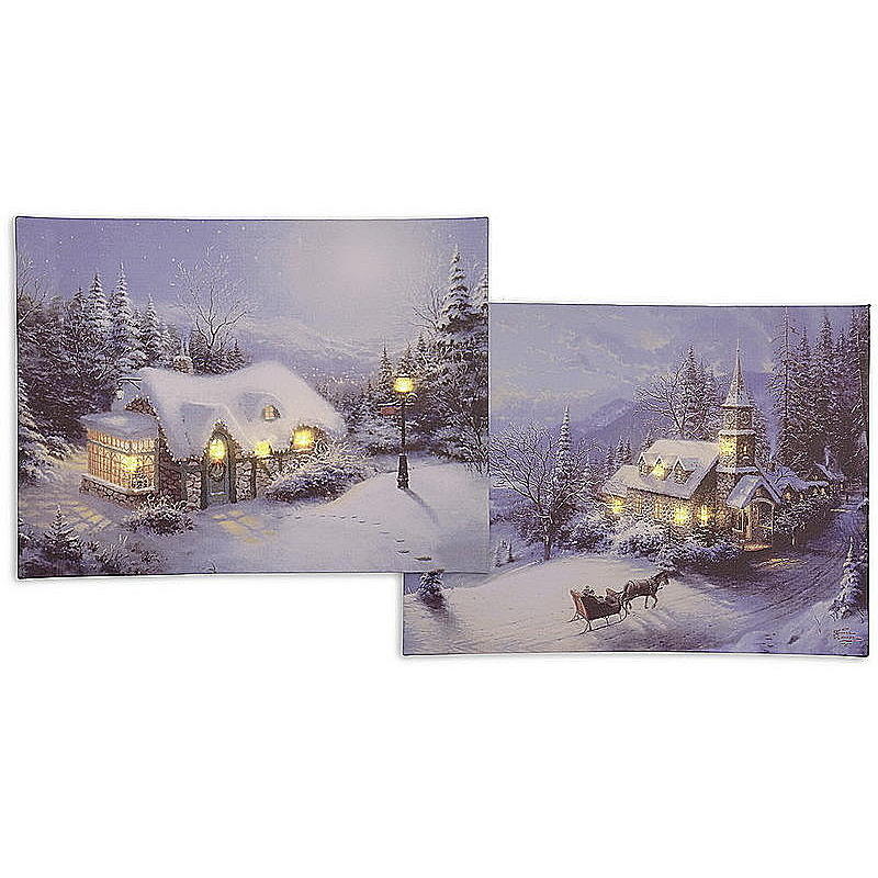 LED Leinwandbild Winterlandschaft, Kirche mit Schlitten