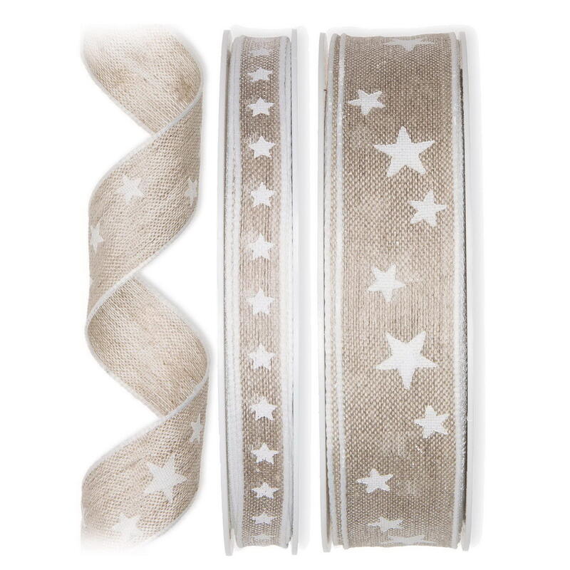 Leinen-Druckband- Weiße Sterne, Weihnachtsband, Leinenband, Dekorband, Schleifenband