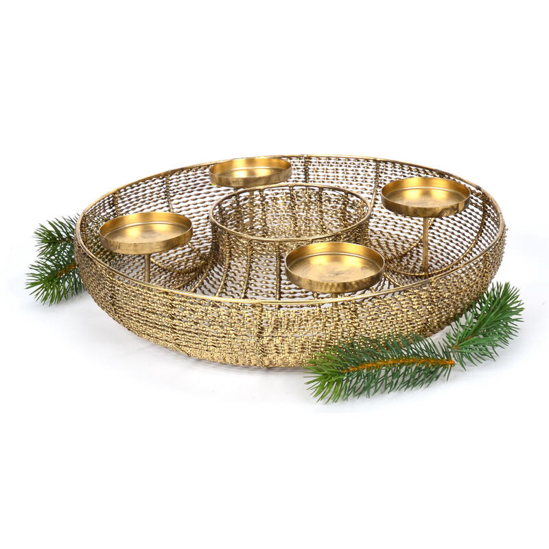Metallkorb mit Kerzenhalter, Adventskranz, Adventsschale, Adventsgesteck, Schale aus Metall gold, Kerzenleuchter