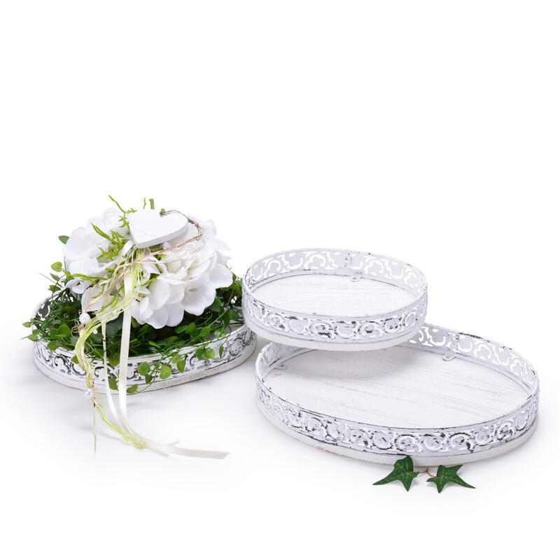 Metalltablett Set 3-teilig oval, Dekotablett aus Metall und Holzboden, Metallschale, filigranes Tablett
