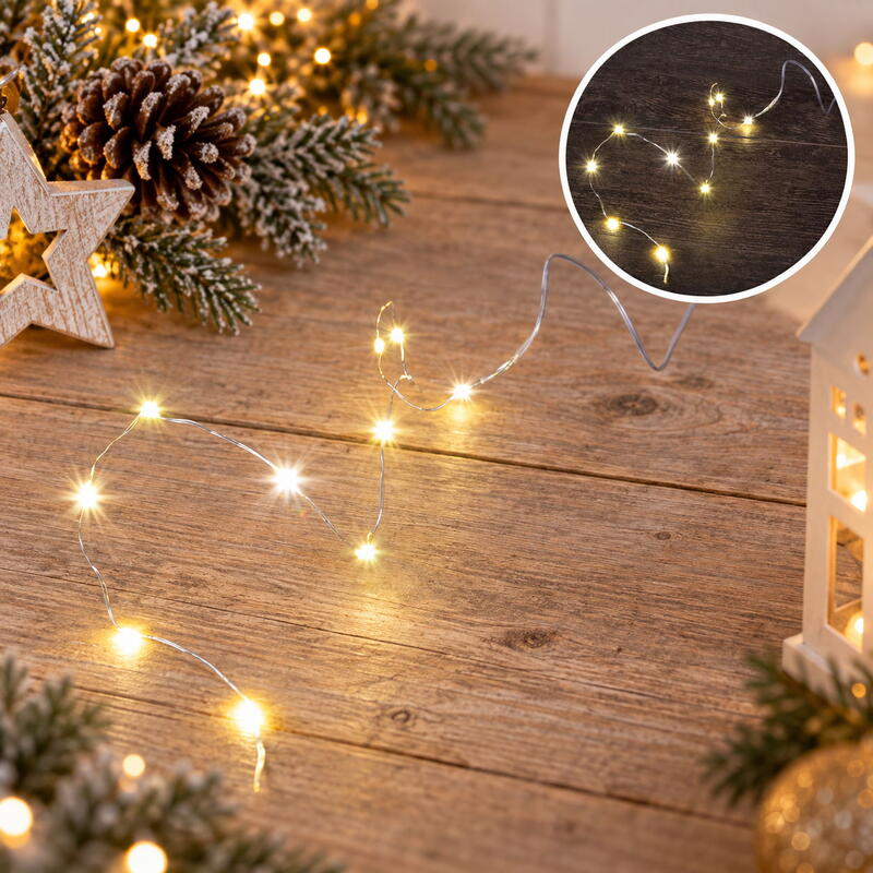 Micro LED Lichterkette, Lichterkette mit 2 Knopfzellenbatterien, 10 Lichter, 45cm, Zuleitung18 cm