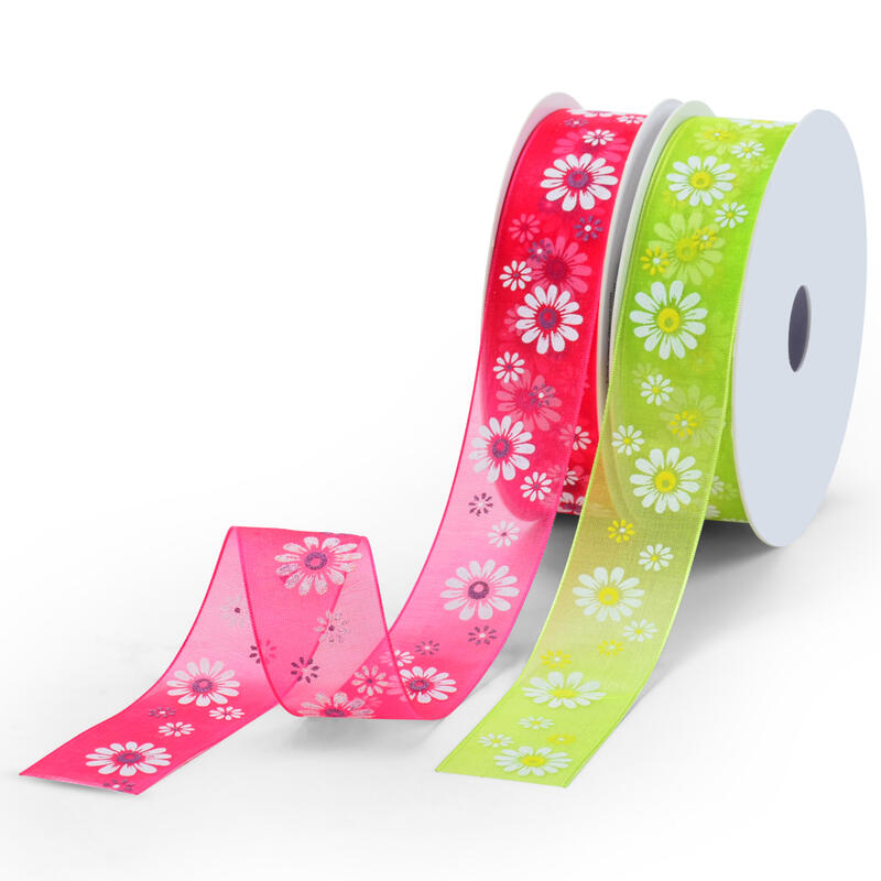 Organzaband mit Bl�ten, Dekoband Blumen, Blumenband, Geschenkband Blumen, Fr�hlingsband, Band, Zierband, B�nder