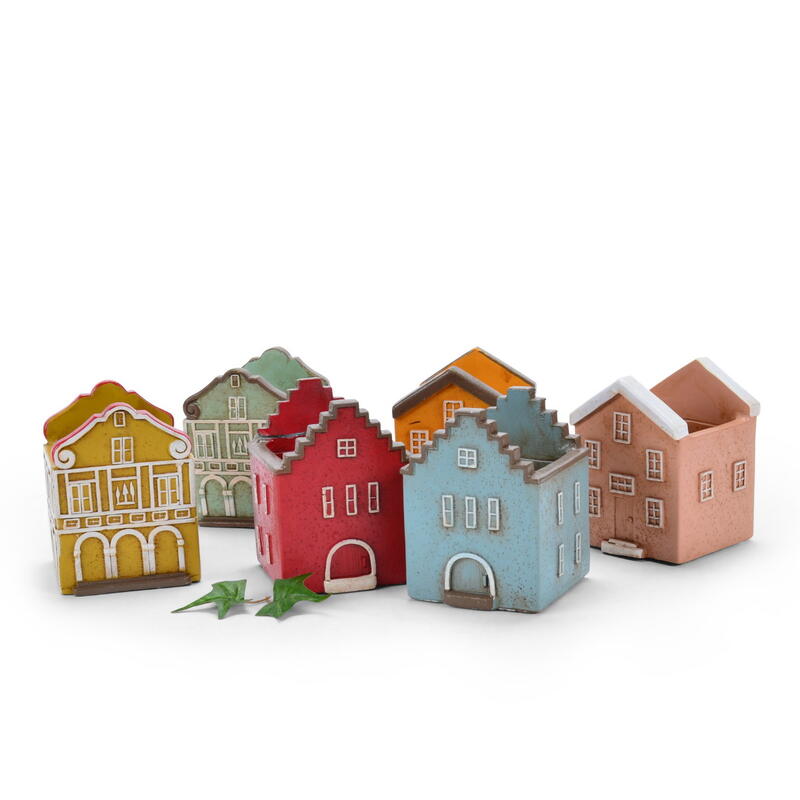 Pflanzgef��e Bunte H�user, Pflanzhaus, Deko-Haus zum Bepflanzen, Zement-Haus, Deko-H�user, �bertopf Haus