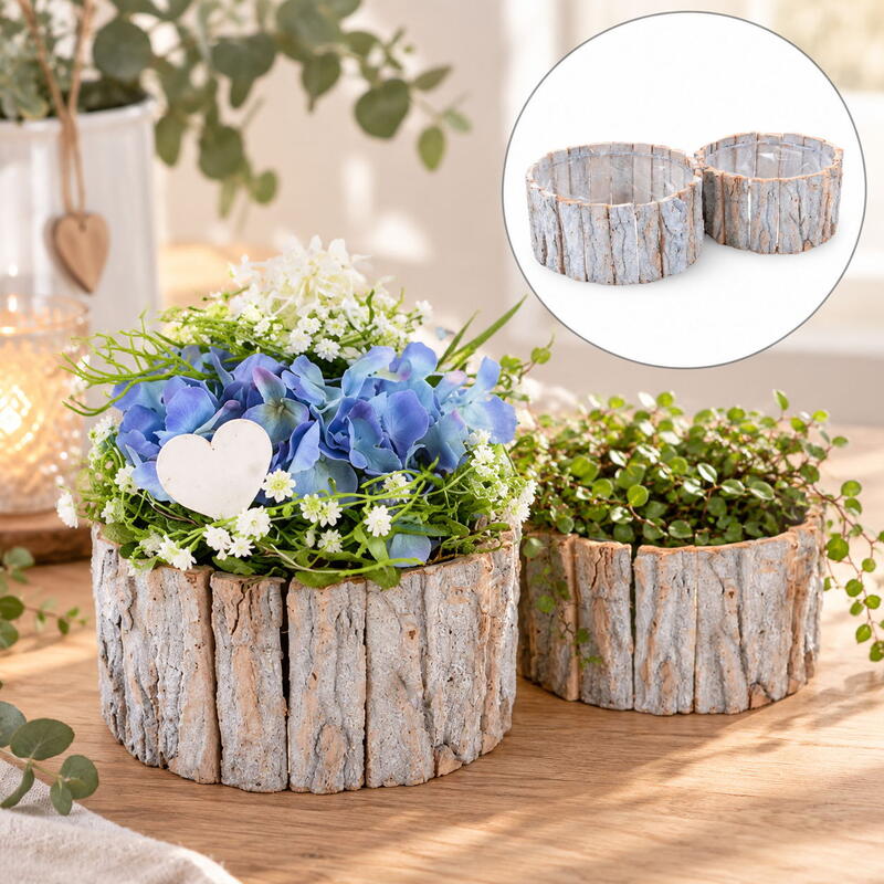 Rindenholz-Pflanzgefäß-Set, Blumentopf Holz, Übertopf Rinde, Dekotopf aus Rinde, Pflanzgefäß Holz, Rindentopf