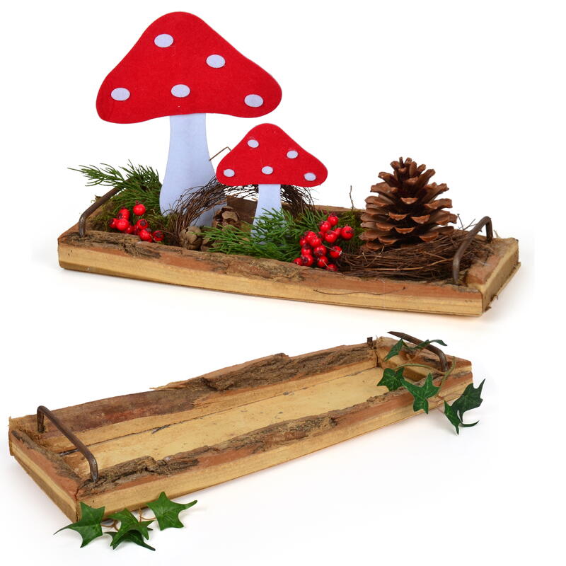 Rindenholztablett mit Metallbügel, Holztablett, Tablett aus Holz, Tablett mit Rinde, Deko-Tablett