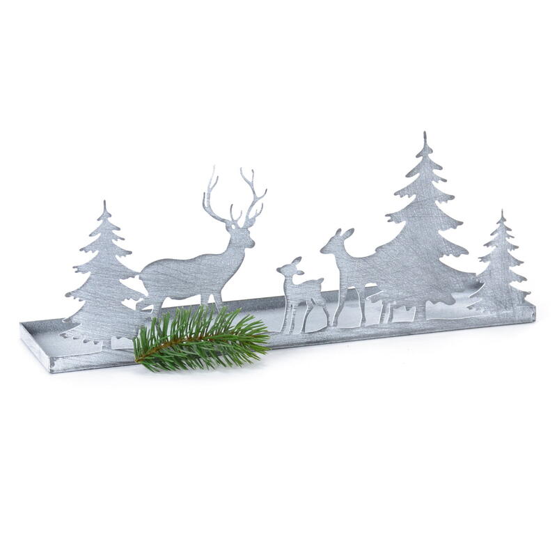 Tablett Hirschfamilie aus Metall grau, Dekotablett Winter, Waldszene, Winterdeko