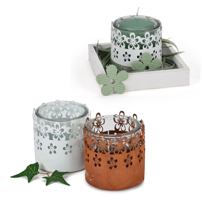 Teelichtglas in Metallhülle, Kerzenglas, Windlicht, Frühlingsdeko