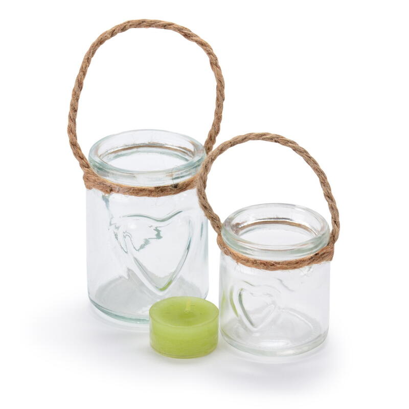 Windlicht, Kerzenhalter aus Glas, Glaswindlicht, Windlicht mit Halter, Windlicht mit Jute, Vase, Glasgef Herz, Teelichthalter,