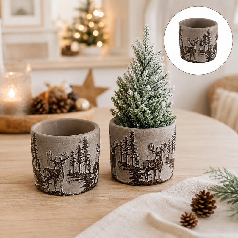 Zementtopf, Pflanztopf Zement mit Hirsch, Blumentopf, Hirsch Deko, Winterdekoration, Weihnachtsdekoration
