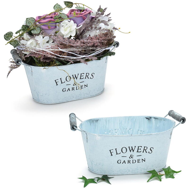Zink-Jardiniere weiß 'Flowers & Garden', Zinktopf, Zinkwanne, Übertopf aus Zink, Pflanzschale, Pflanzgefäß