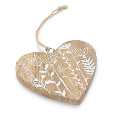 Dekohänger Herz, Holzherz, Herzhänger, Mangholzherz zum Hängen, Herz zum Hängen, Herz mit Blumendekor