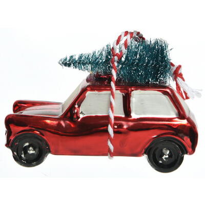 Auto mit Baum, Weihnachtsdeko, Christbaumschmuck, Dekohänger aus Glas