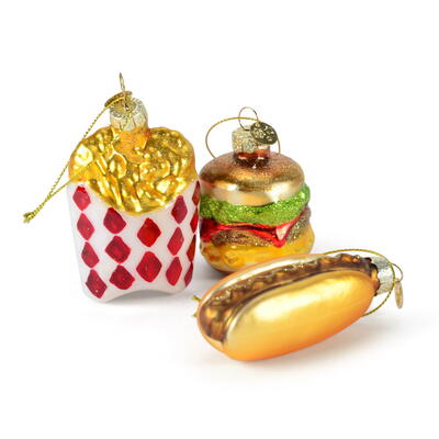 Baumschmuck-Mix Fast Food, Baumschmuck Hamburger, Hot Dog, Pommes, Baumhnger, Christbaumschmuck, Weihnachtsbaum Figuren