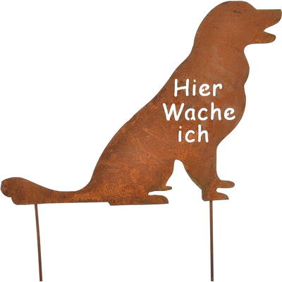 Dekostecker Hund 'Hier wache ich' aus Metall, Roststecker, Gartenstecker, Gartendeko, Rostdeko, Rostfigur