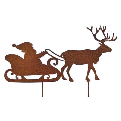 Dekostecker Weihnachtmann mit Rentierschlitten, Nikolaus auf Schlitten, Gartenstecker, Roststecker, Weihnachtsstecker, Weihnacht