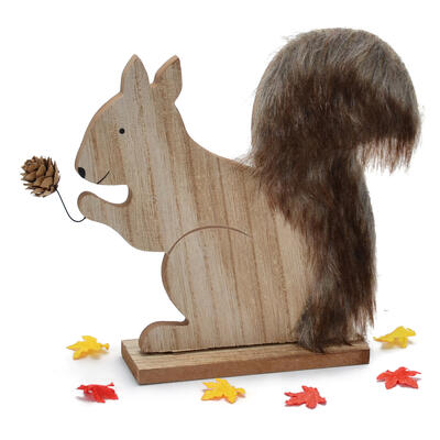 Eichhrnchen mit Fell, Herbstfigur, Herbstdeko, Herbst-Holzdeko, Eichhrnchen aus Holz